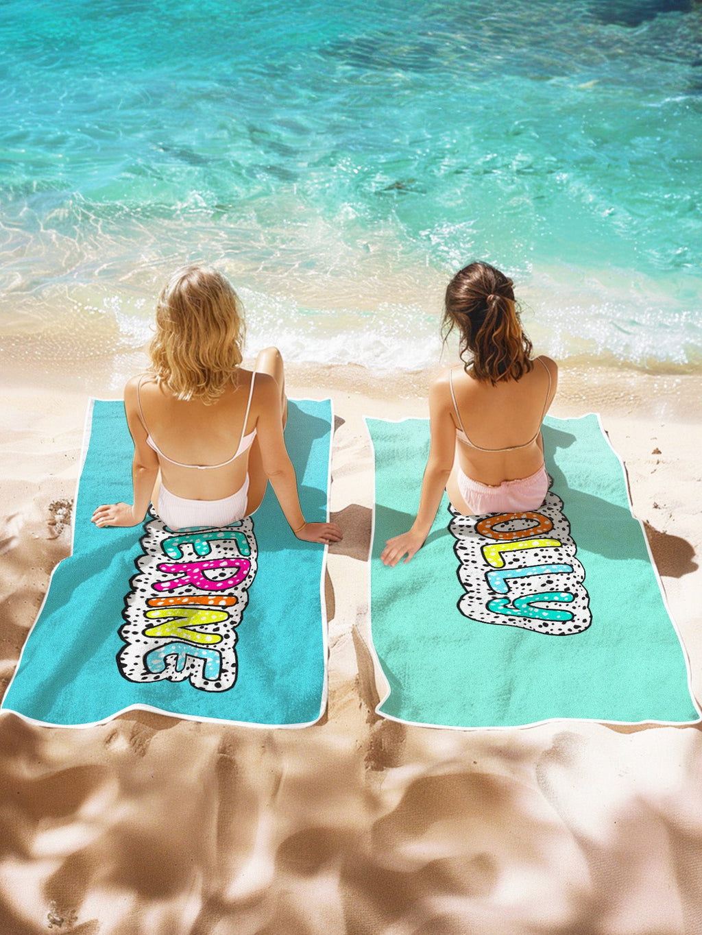 Personalized Dalmatian Dots Beach Towel with Rainbow Name Summer Vacation Bridesmaid Party Gift for Her
