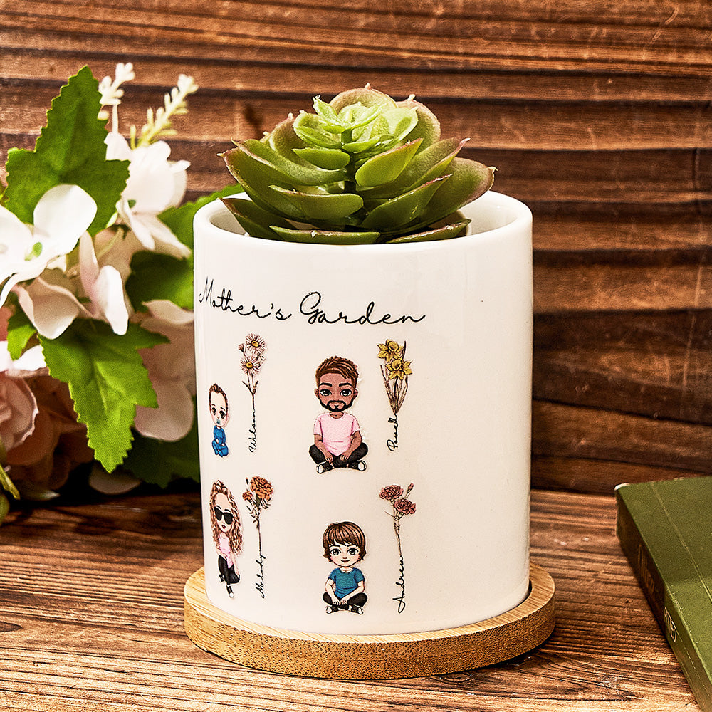 Personalized Cartoon Figure Birth Flower Ceramic Plant Pot Gift for Grandma Mom