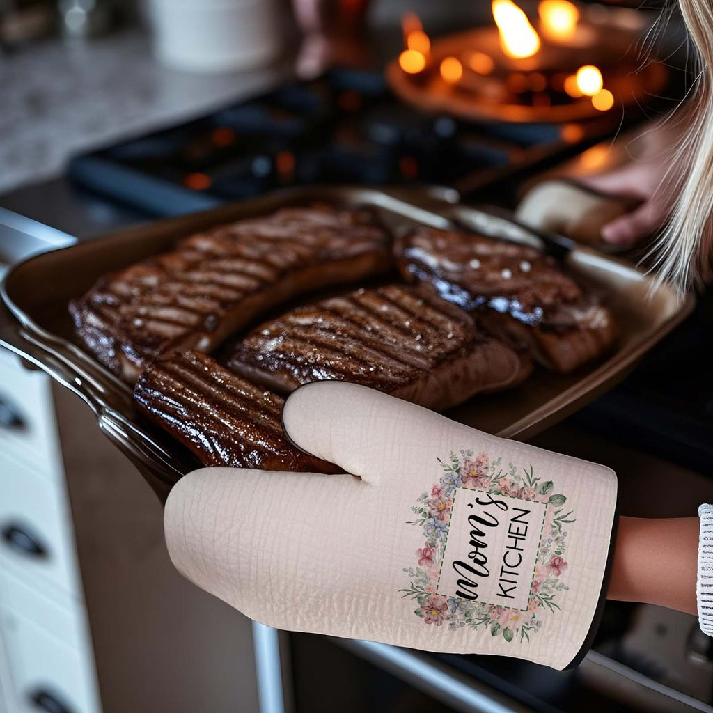 Personalized Flower Insulation Oven Mitt and Pot Holder Set with Text Kitchen Decor Gift for Mom