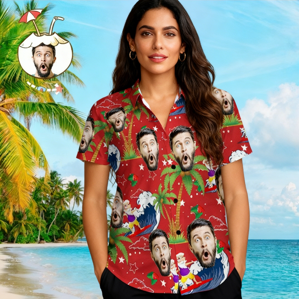 Custom Face Shirt Personalized Photo Men's Hawaiian Shirt Christmas Gift - Surfing Santa