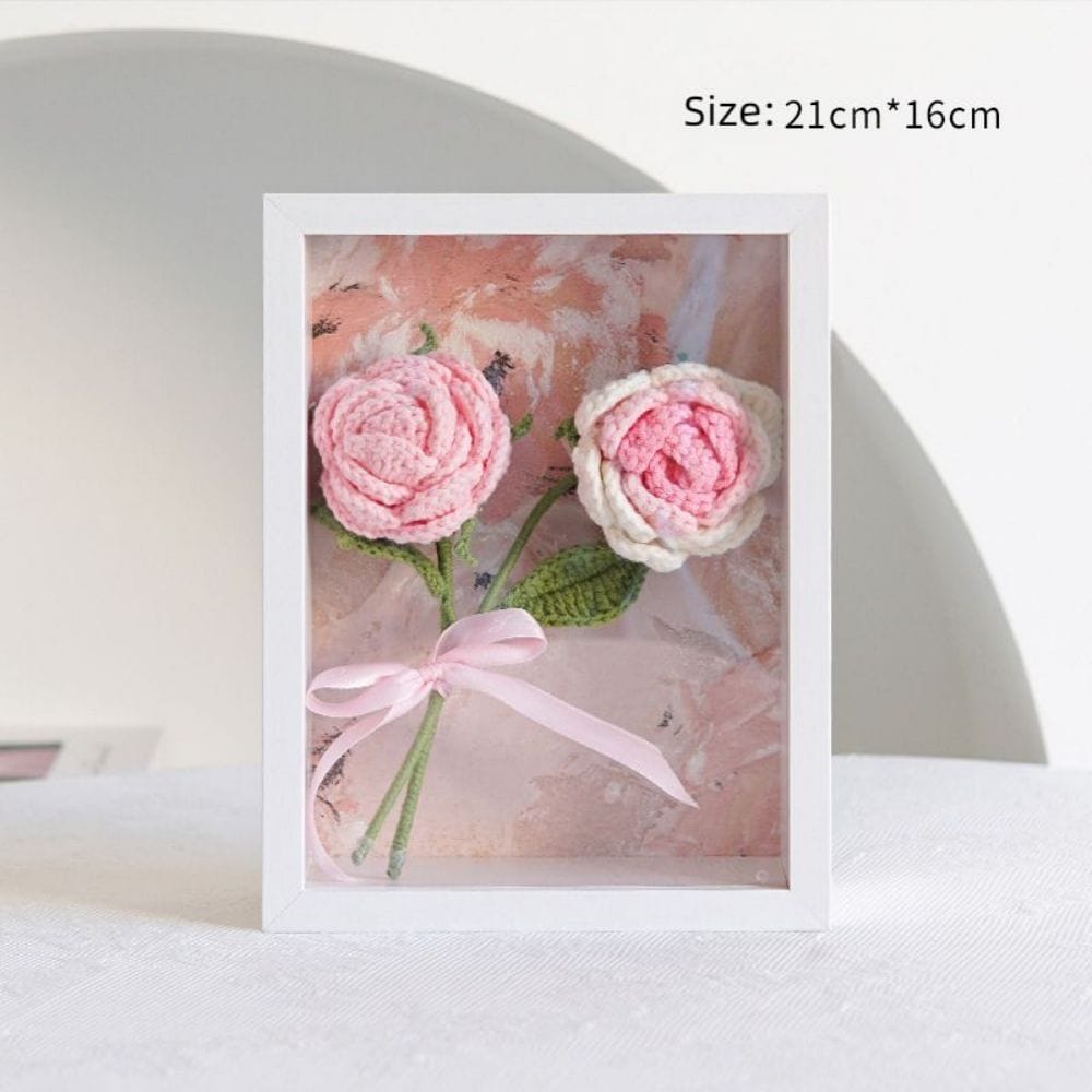Crochet Bouquets Photo Frame Handmade Knitted Flower Shadowbox Frame Desktop Decoration