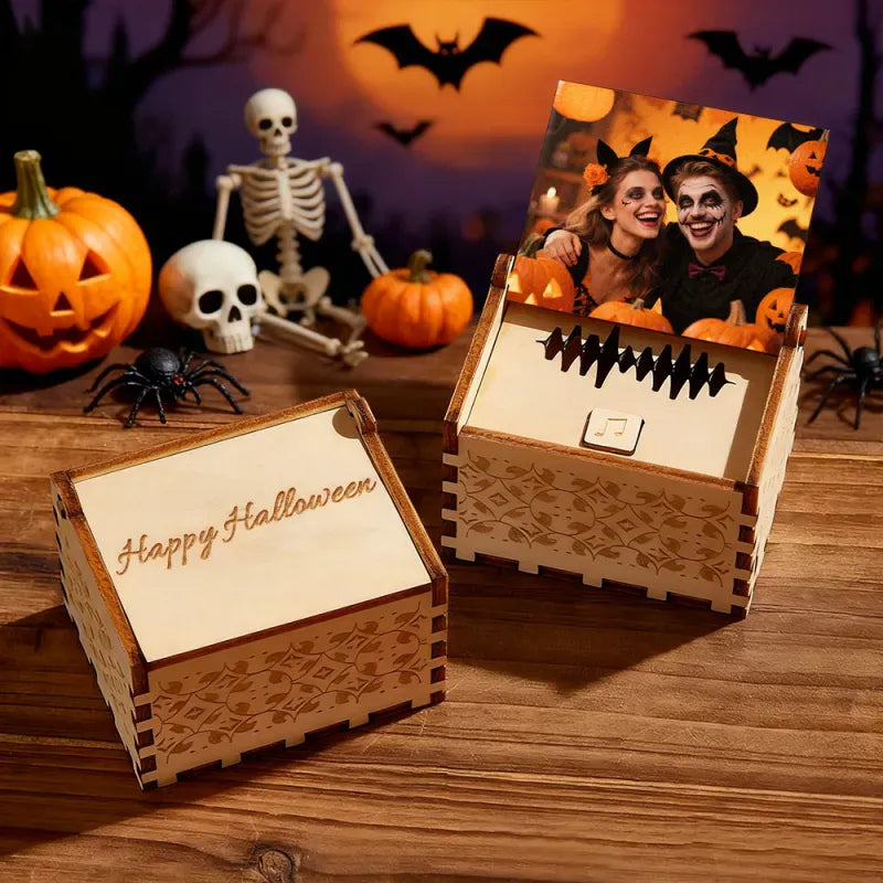 Caja de música digital personalizada para Halloween, cualquier canción, melodía o voz, caja de música de madera personalizada con foto y texto, regalos de aniversario.