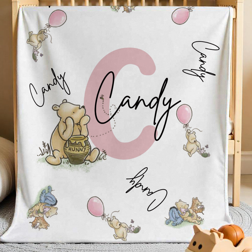 Personalized Winnie the Pooh Throw Blanket with Name Nursery Decor Birthday Baby Shower Gift for Kids