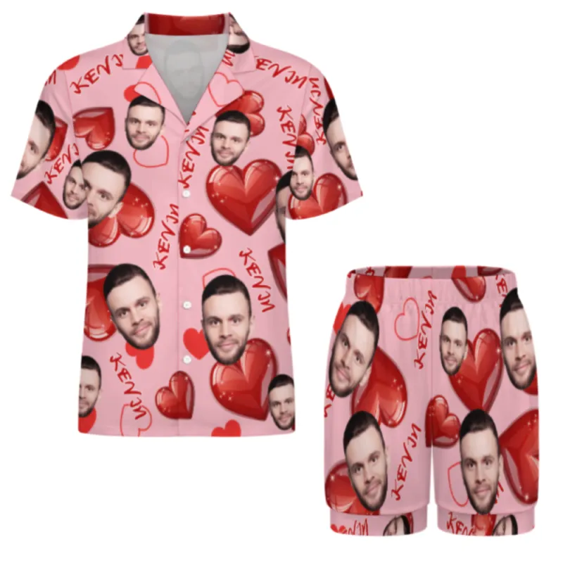 Custom Face Short Sleeve Pajama with Red Hearts Prints Valentine's Day Gift for Her