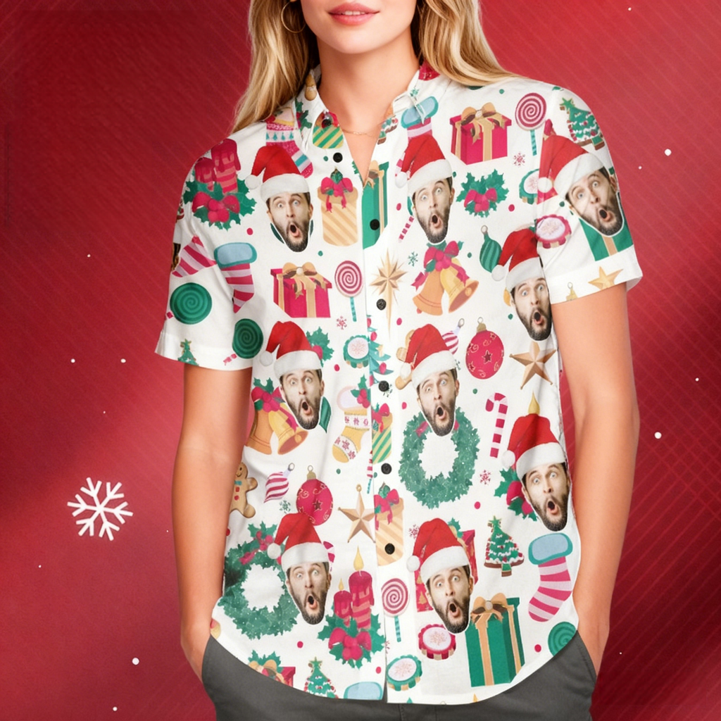 Funny Custom Face Christmas Pattern Hawaiian Shirt Gift for Him