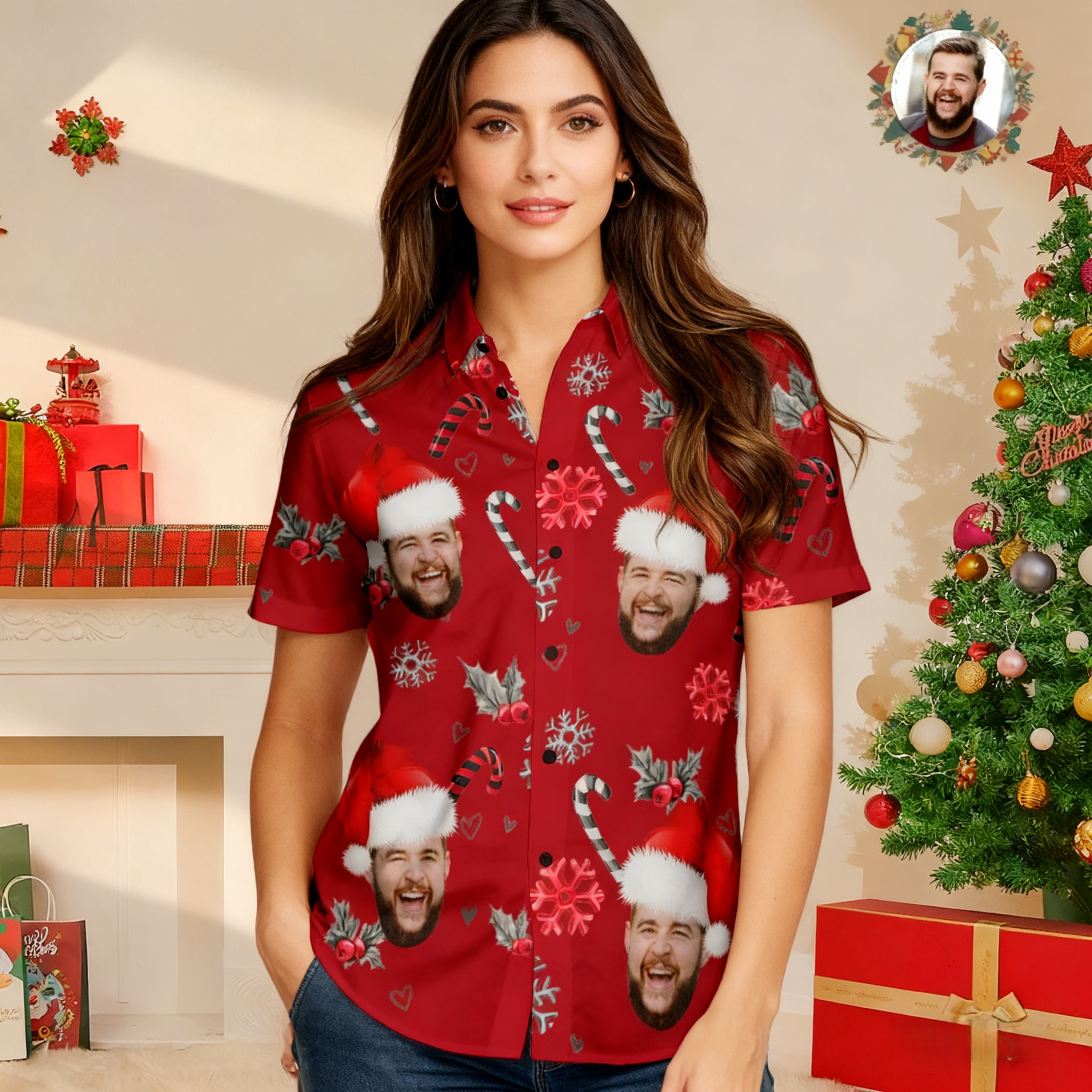 Custom Face Hawaiian Shirt Personalized Photo Christmas Shirts With Candy Canes For Men