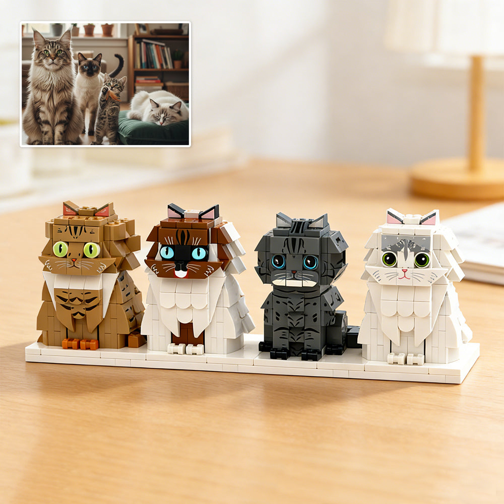 Custom Full-Body Cute Brick Figures of 4 Cats Personalized Anniversary Gift Birthday Gift Christmas Gift for Pet Lover