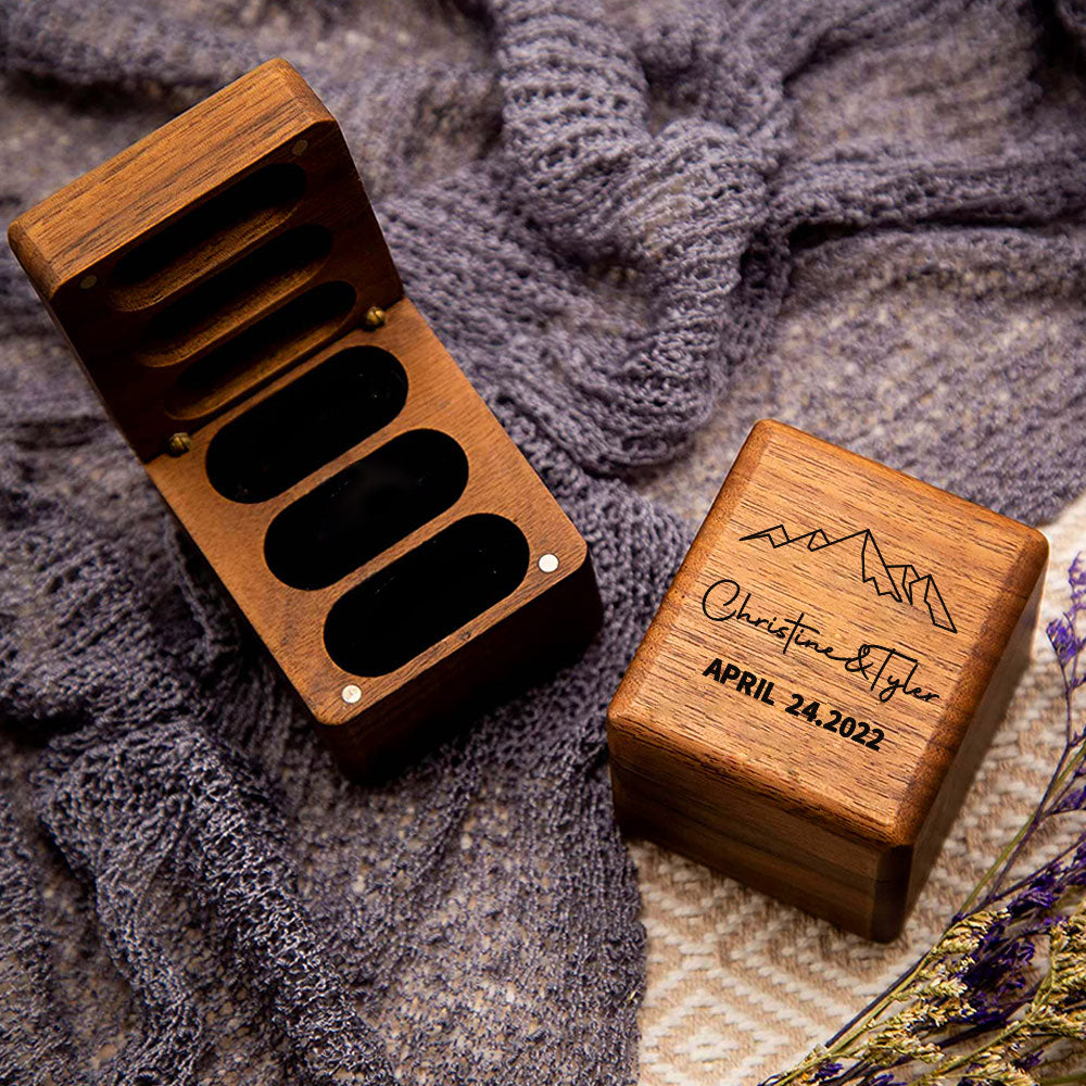 Personalized Triple Slot Ring Storage Wedding Engagement Proposal Wood Ring Box