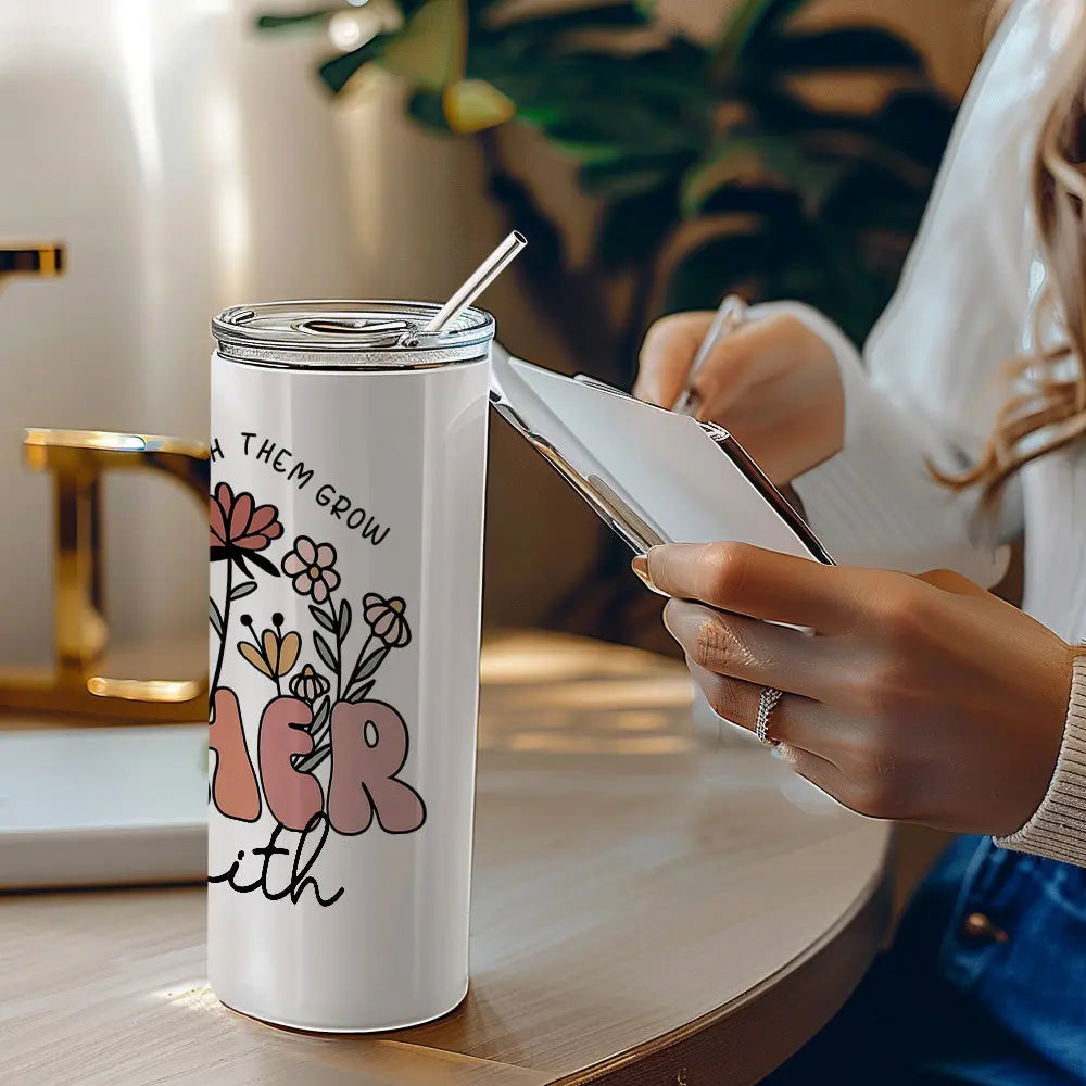 Personalized Wildflowers 20oz Name Skinny Tumbler with Straw Appreciation Gift for Teacher Back to School Gift