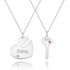 Custom Birthstone Engraved Name Couple Necklace with Heart and Key Silver
