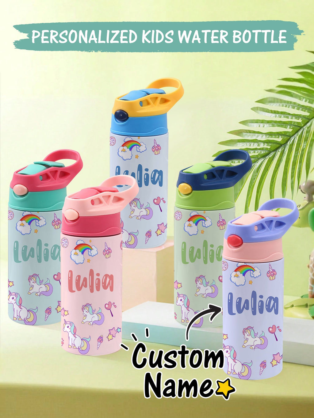 Custom Name Rainbow Unicorn Stainless Steel Water Cup Children's Day Gift for Kids