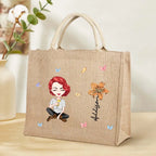 Personalized Cartoon Women Girl Birth Flower Grandma's Garden Jute Tote Bag with Name Wedding Birthday Gift for Her
