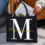 Personalized Black Canvas Bag with Name and Initial Birthday Wedding Party Gift for Women