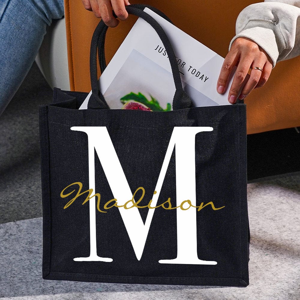 Personalized Black Canvas Bag with Name and Initial Birthday Wedding Party Gift for Women