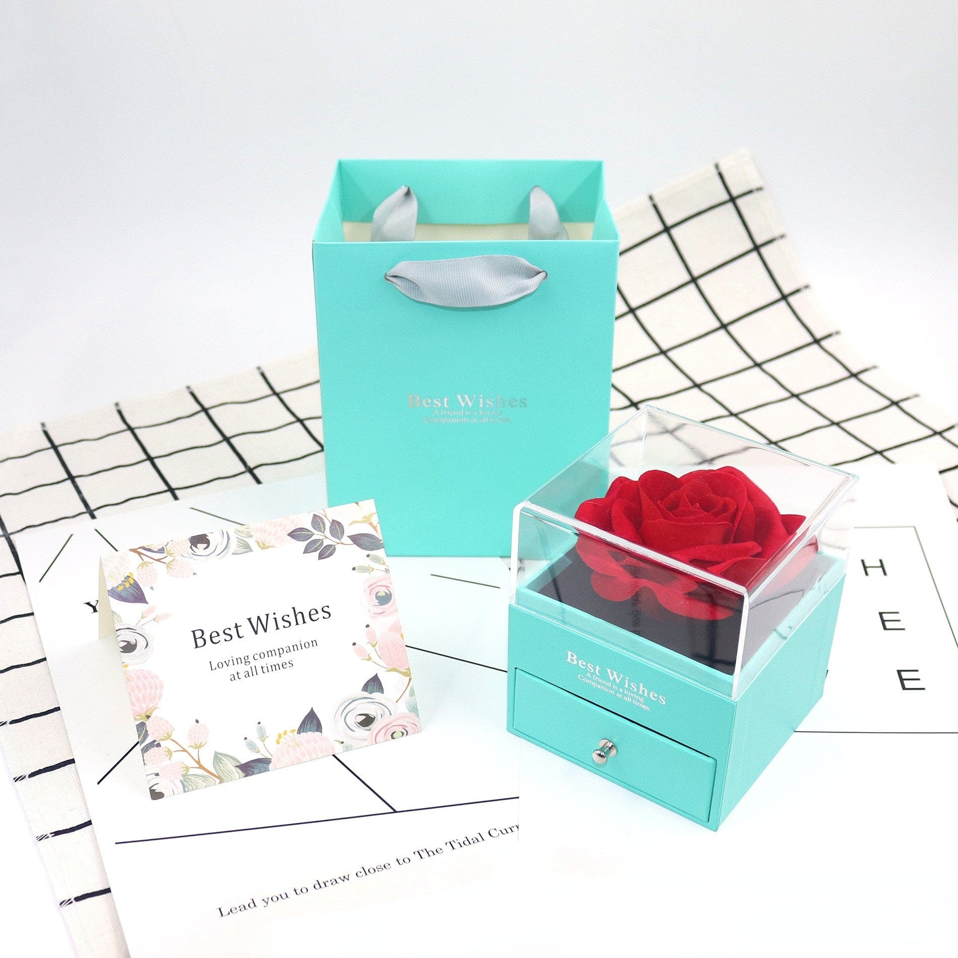 Rose Jewelry Gift Box with Greeting Card and Gift Bag