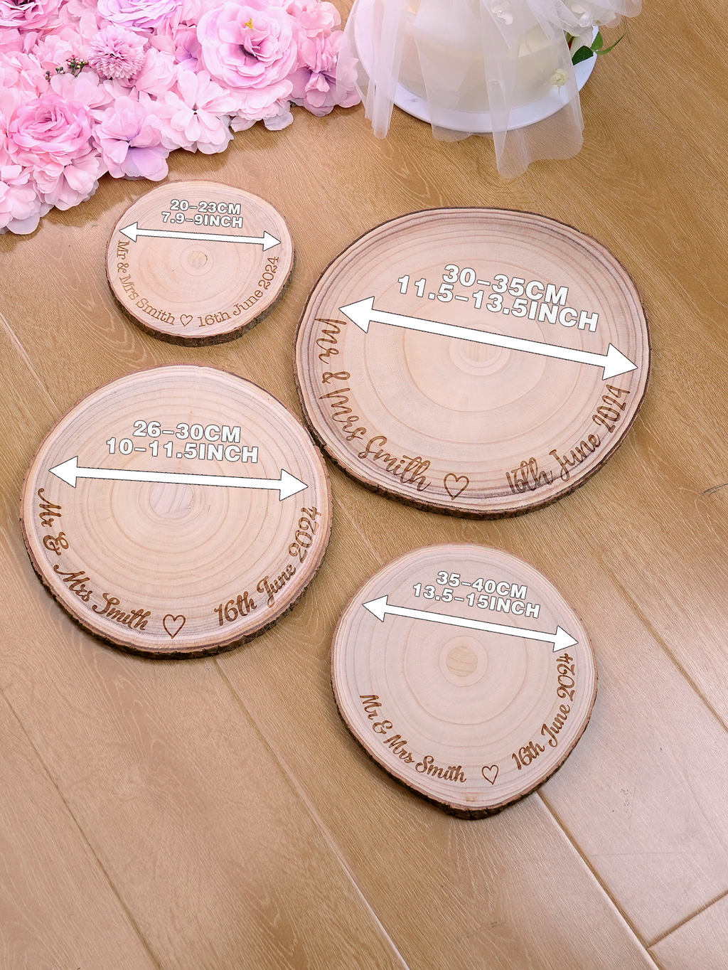Personalized Engraved Wood Slice Wedding Cake Display Board