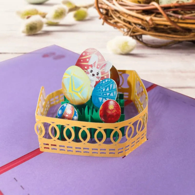 Easter Bunny with Colorful Eggs by the Fence 3D Pop-Up Greeting Card
