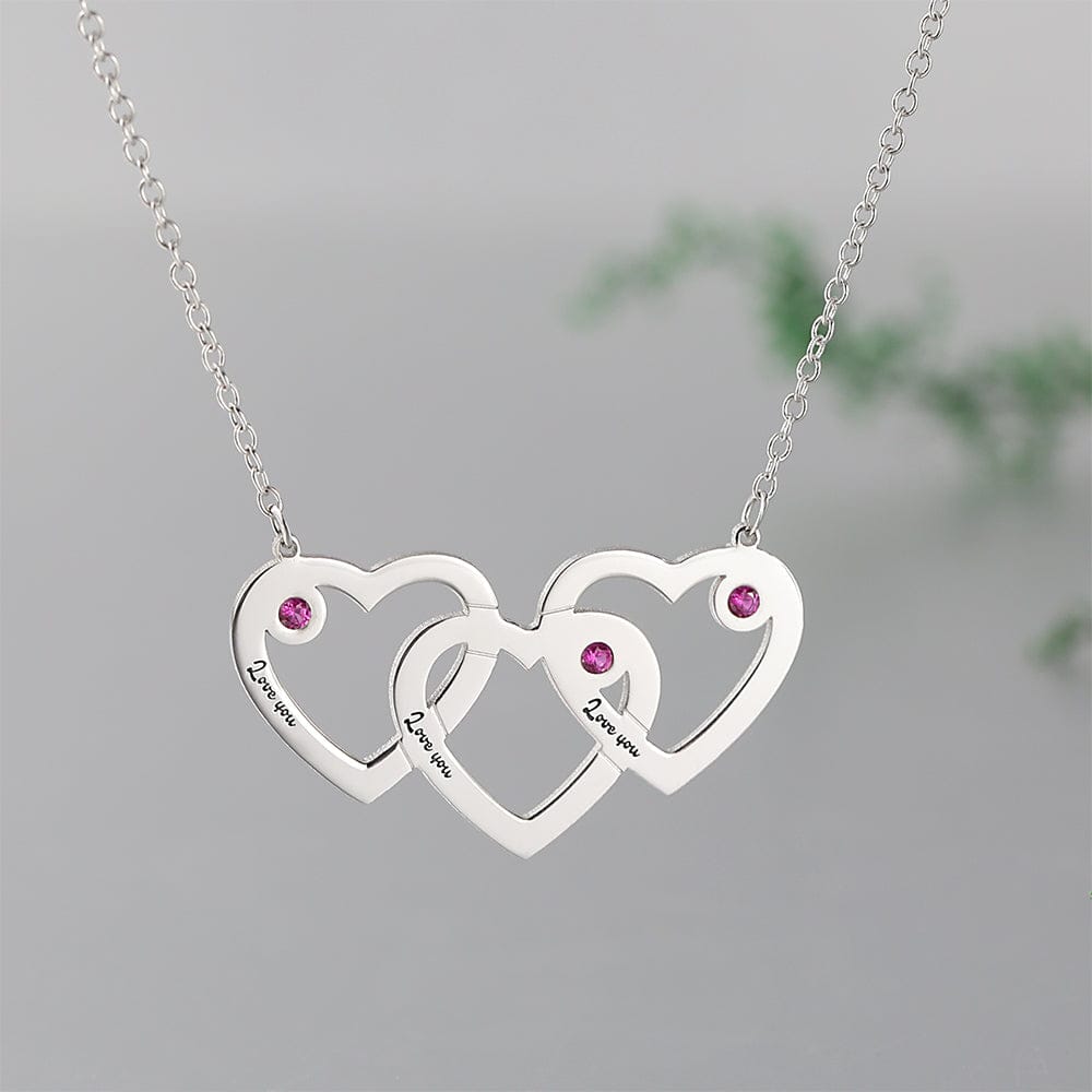 S925 Silver Custom Triple Heart Engraved Name Necklace With Three Birthstones