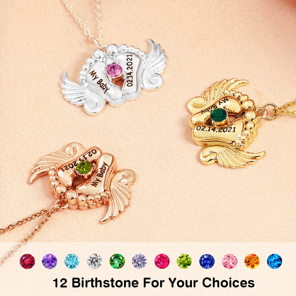 Personalized Angel Feet Locket Birthstone Necklace - 3 Colors