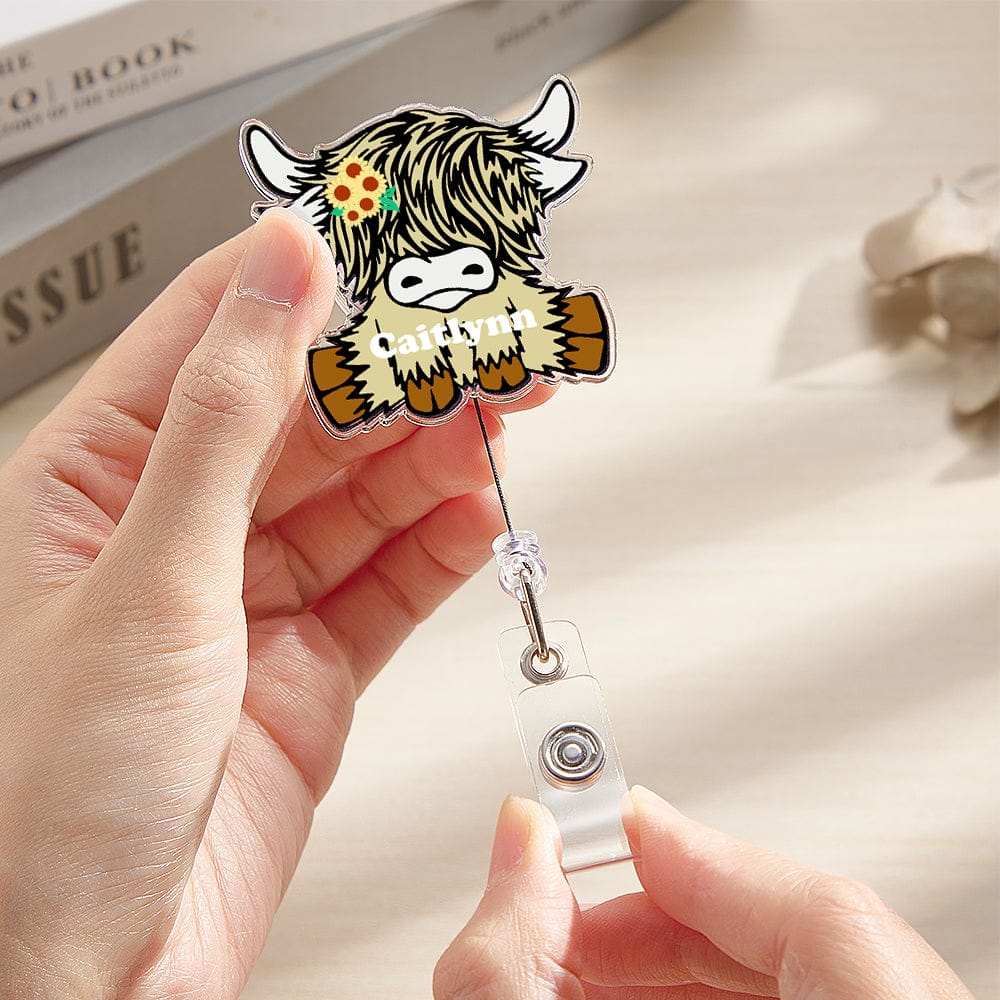 Personalized Highland Cow Badge Retractable Acrylic Badge Reel ID Clip Gift for Highland Cow Lovers