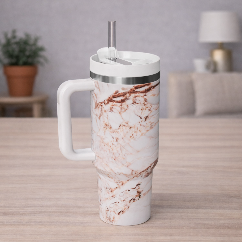 40oz Insulated Mug with Handle and Straw Marble Pattern Stainless Steel Travel Cup Gift for Family Friends Couples