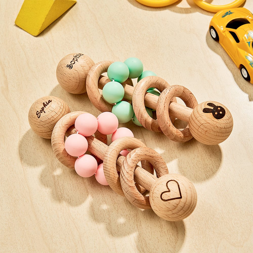 Personalized Wooden Baby Rattle with Engraved Name Toy Shower Birthday Gift for Baby