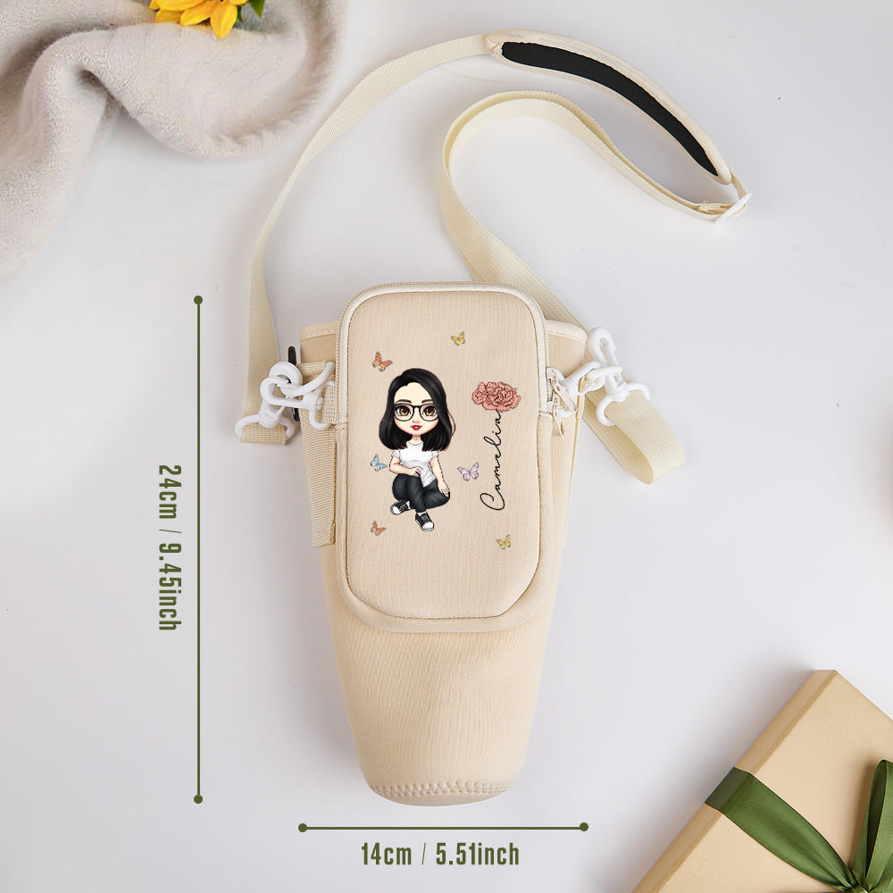 Personalized Cartoon Birth Flower Waterproof Bottle Carrier Bag for 40oz Stanley Tumbler Gift for Her