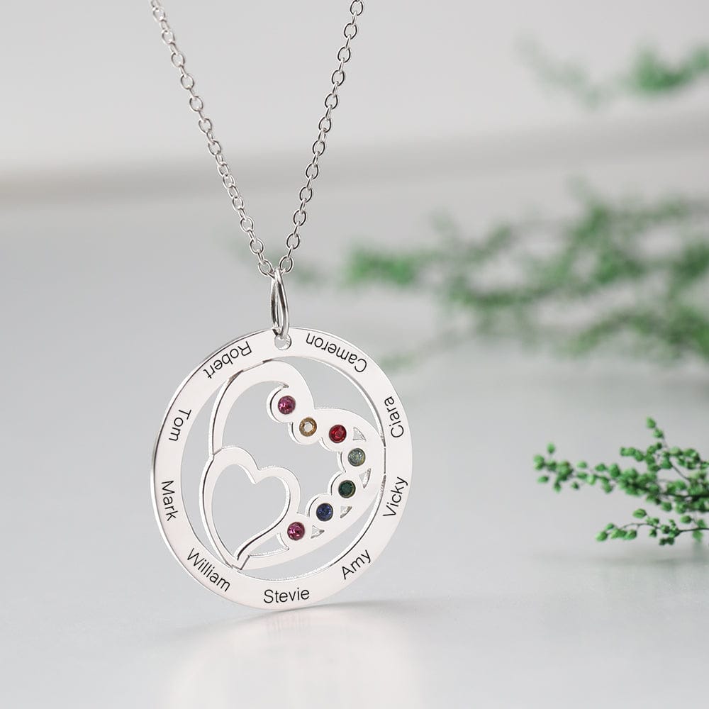 Round and Heart Engraved Necklace with Custom Birthstones
