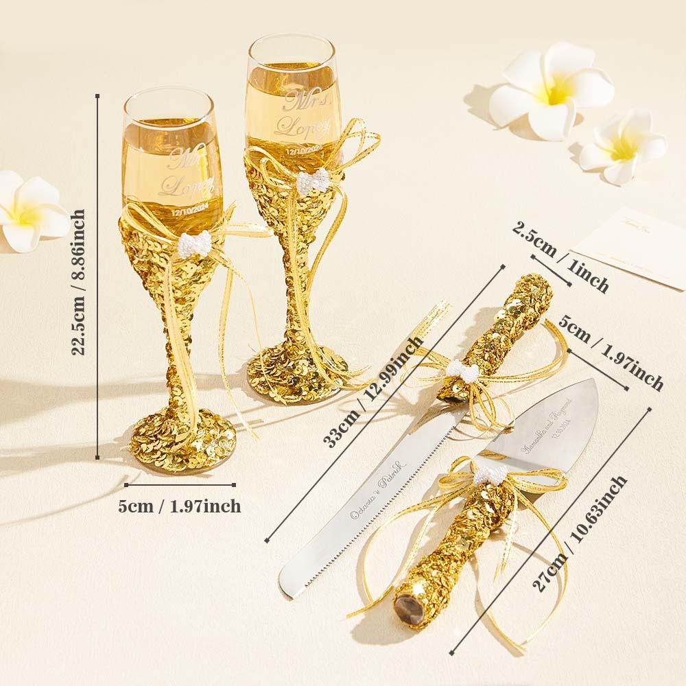 Personalized Champagne Flutes and Cake Server Set for Bride and Groom Wedding Gift