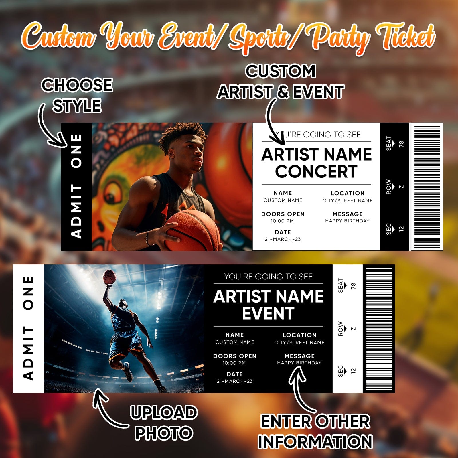 Personalized Photo & Text Custom Concert Ticket Keepsake – Memory Card for Special Moments