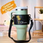 Personalized Birth Flower Water Bottle Carrier Bag for 40oz Stanley Tumbler with Adjustable Strap Gift for Her