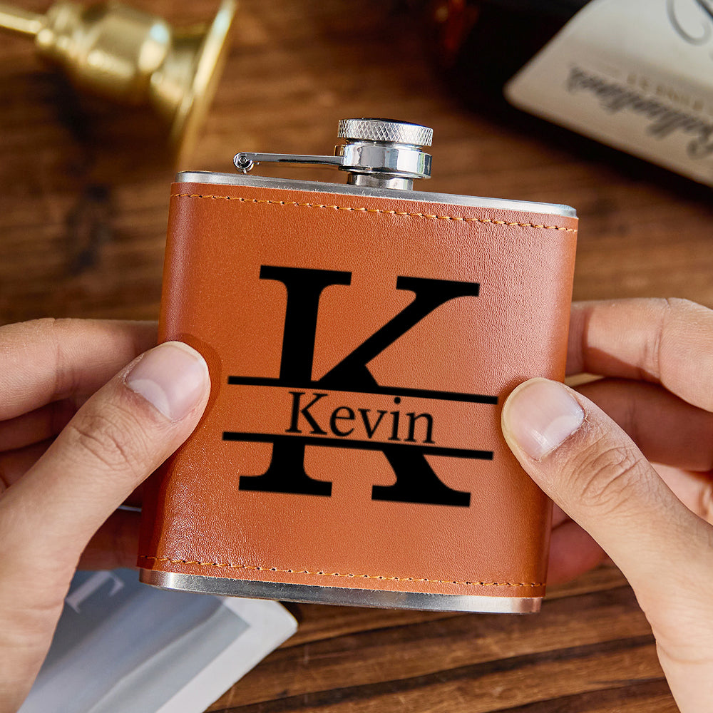 Personalized Leather Flask Stainless Steel 6oz Whiskey Flask Gift for Men