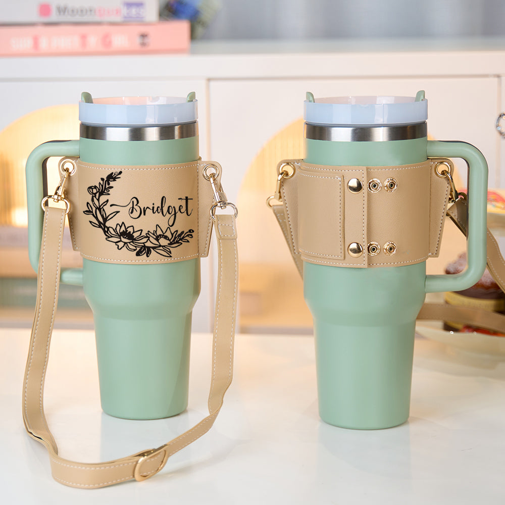 Personalized Floral Pattern Water Bottle Carrier Bag with Adjustable Strap for 40oz Stanley Tumbler Gift for Her