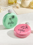 Personalized Birth Flower Round Flasks with Name 5oz Glitter Flask Wedding Birthday Gift for Her