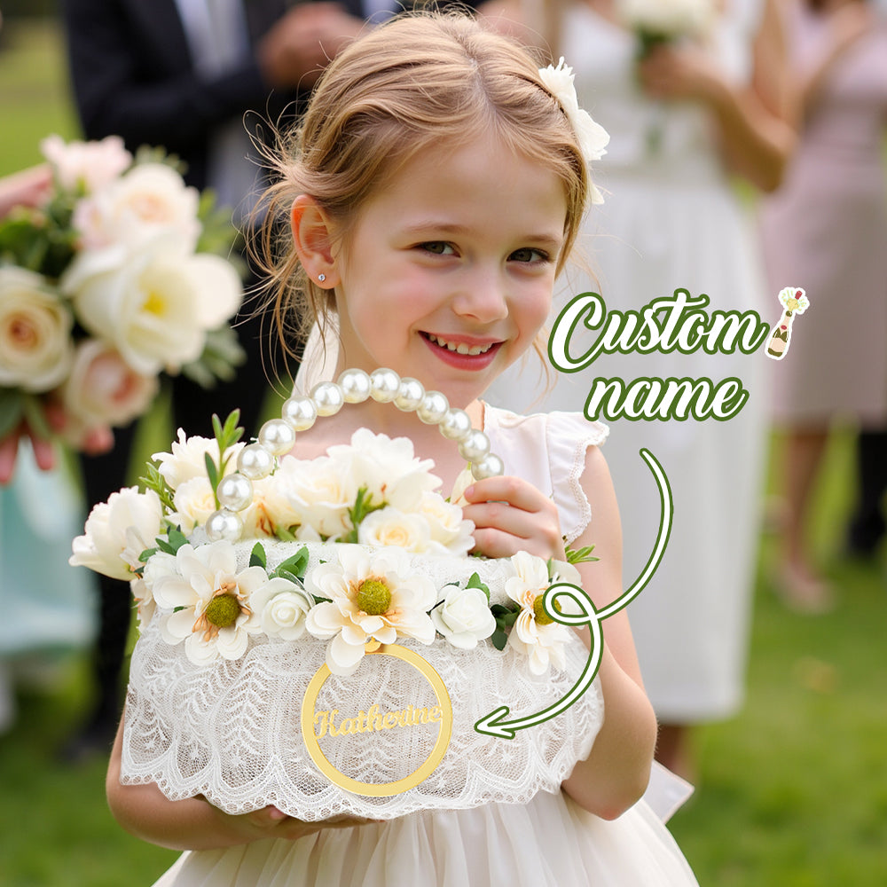 Personalized Handmade Flowers Wreath Rattan Flower Girl Basket with Name and Pearl Handle Wedding Ceremony Gift