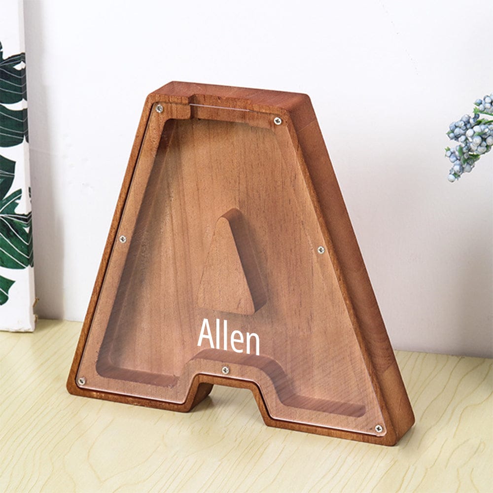 Custom Name Letter Piggy Bank Wooden Engraved Money Box Kids Christmas Gifts