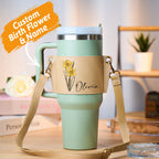 Personalized Birth Flower Water Bottle Carrier Bag for 40oz Stanley Tumbler with Adjustable Strap Gift for Her