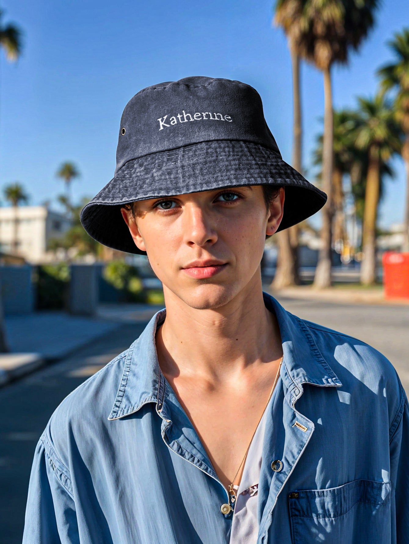 Personalized Denim Bucket Hat Custom Name Embroidery Design Gift for Friends