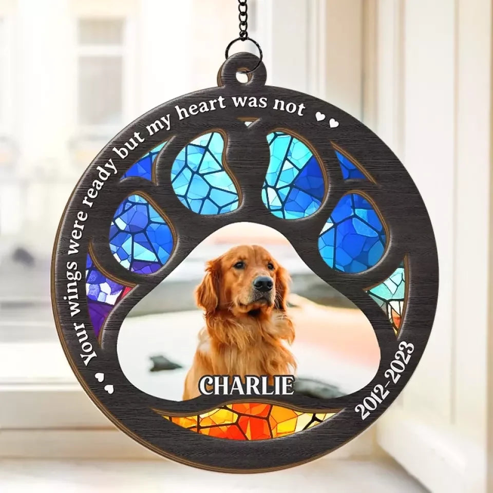 Wood and Acrylic Plexiglass Personalized Dog Memorial Ornament Custom Photo Light Catching Hanging