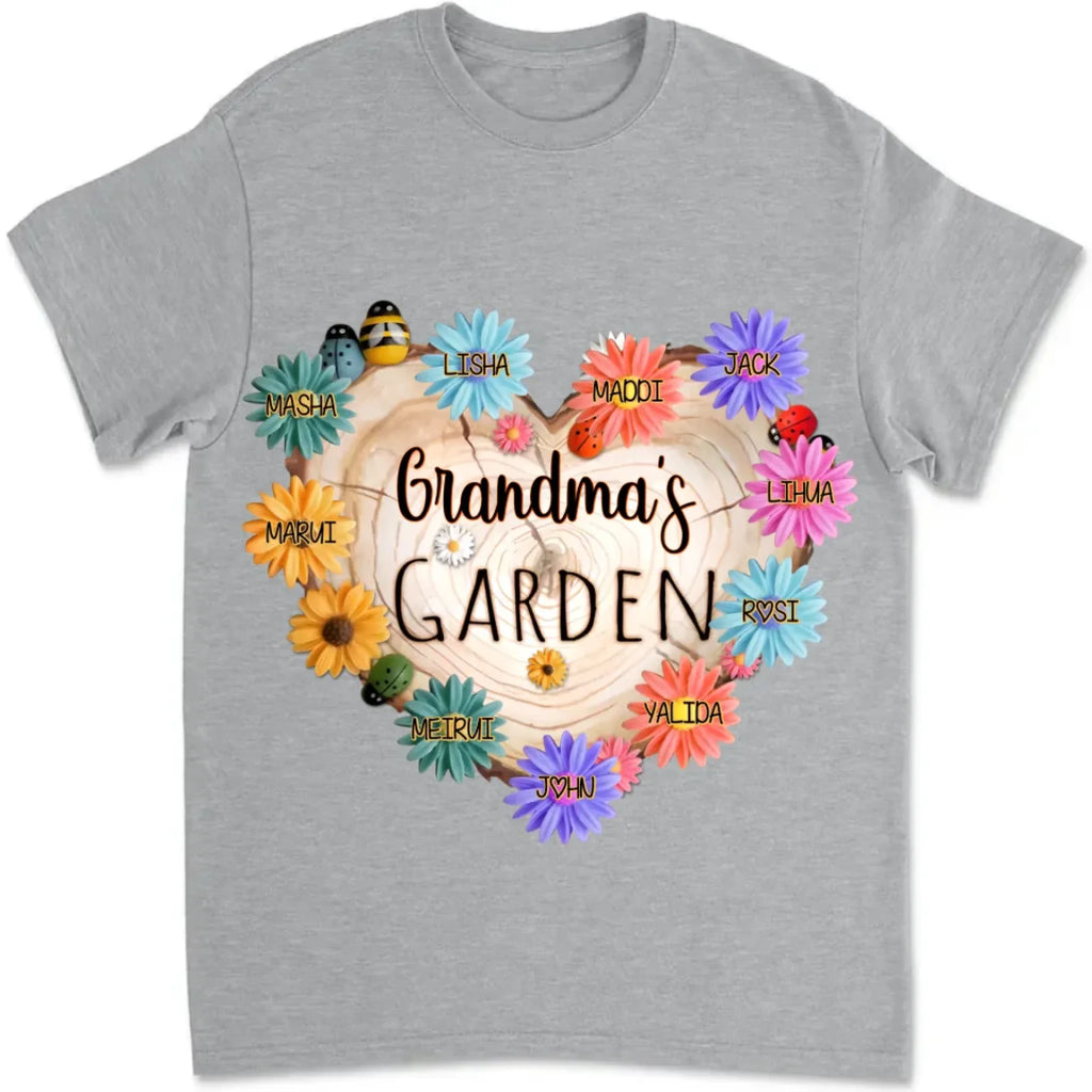 shirt featuring grandma garden heart flower and names custom gift