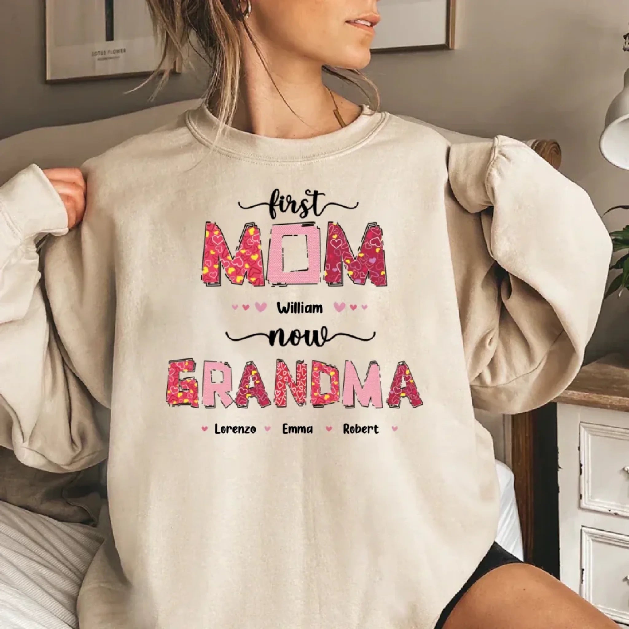 first mom now grandma custom shirt hoodie or sweatshirt for grandma cherished family design