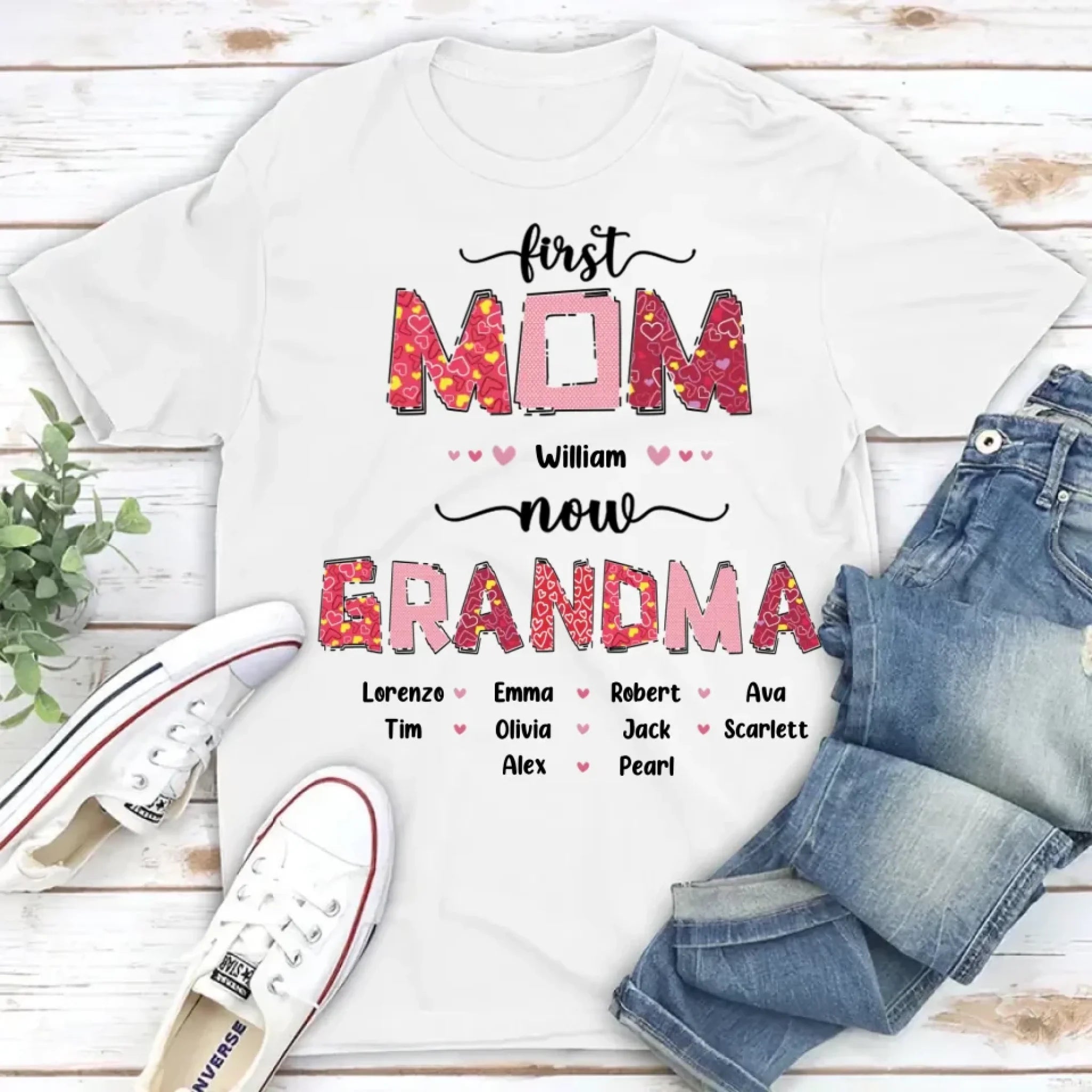 first mom now grandma personalized shirt hoodie or sweatshirt with family names soft everyday wear