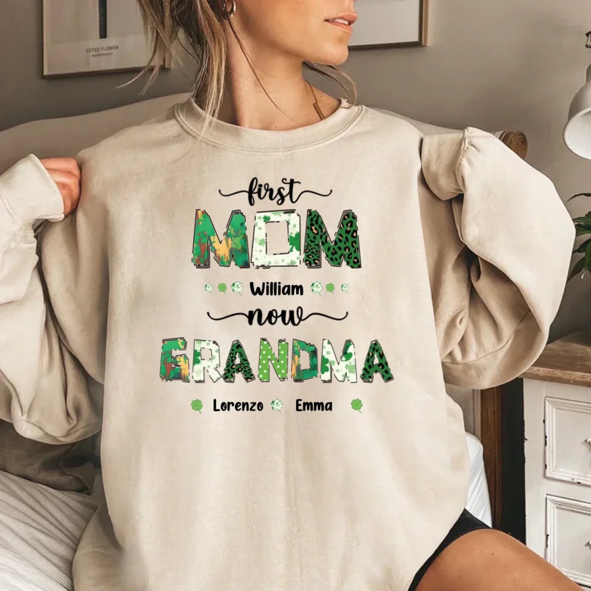 first mom now grandma custom shirt or sweatshirt for grandma cherished family design