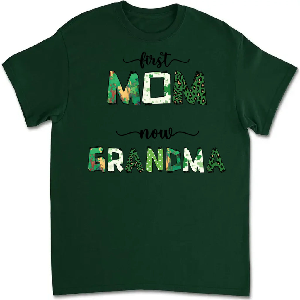 shirt or sweatshirt featuring first mom now grandma and family names custom gift