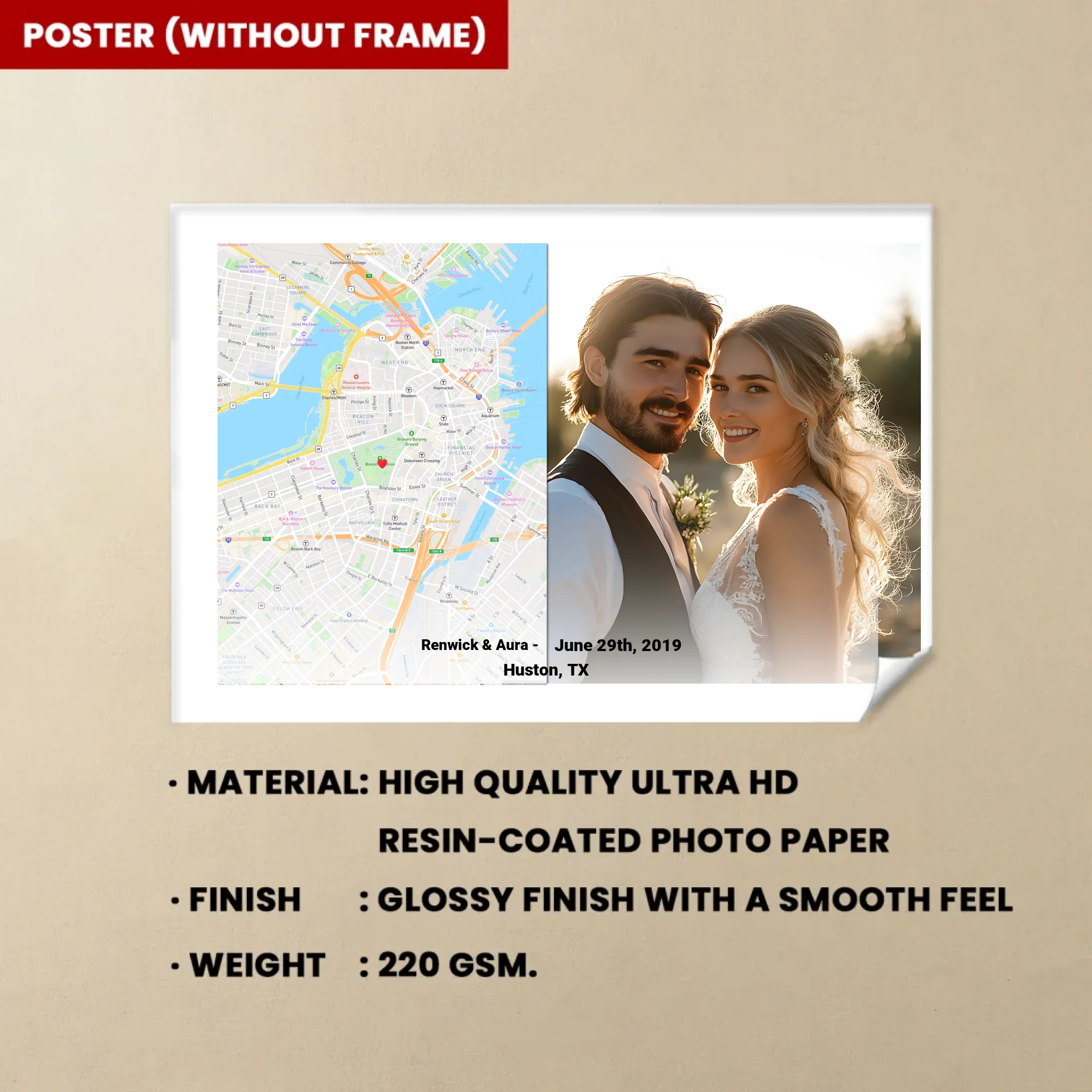 Personalized Picture and Location Wall Art Photo Map Canvas Print