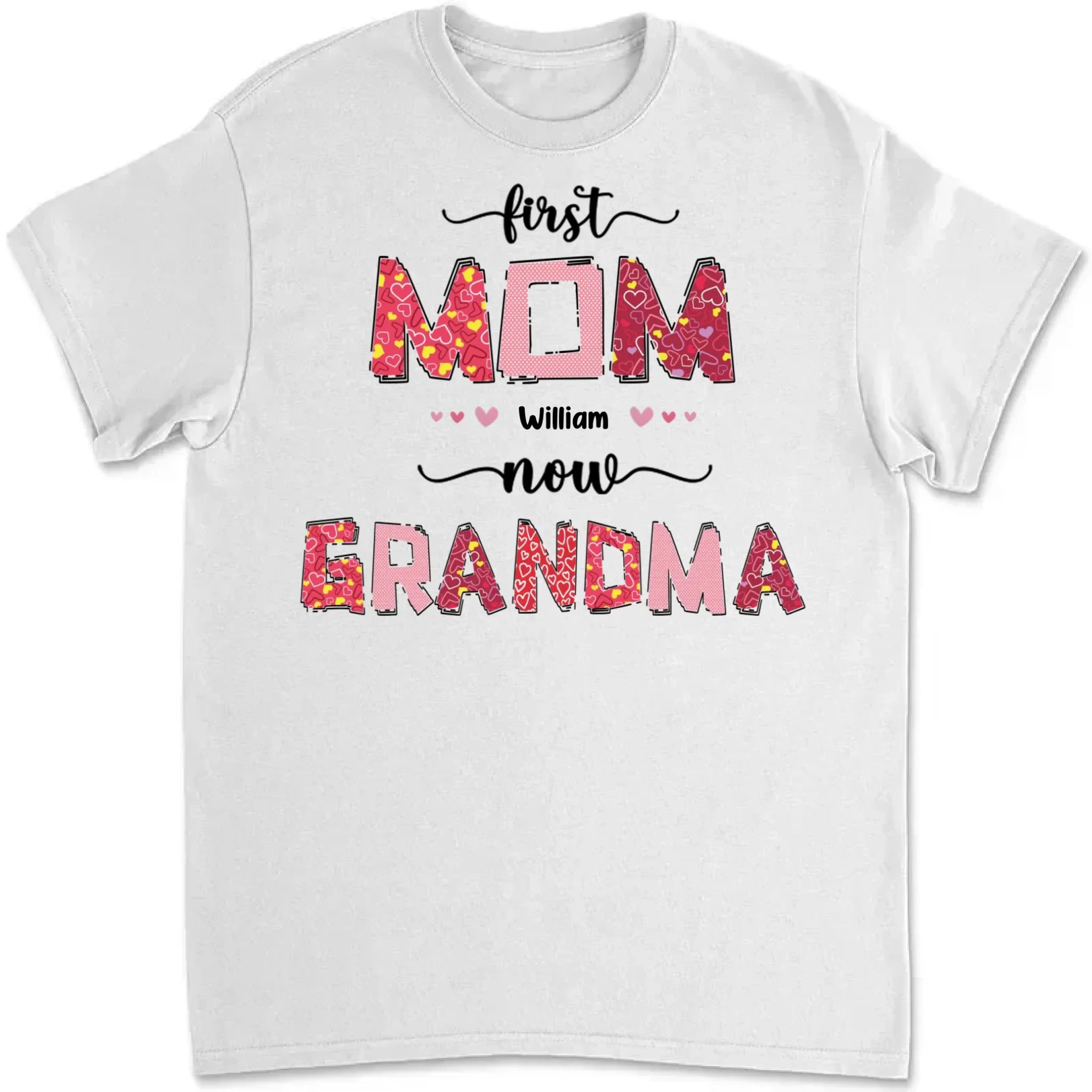meaningful first mom now grandma shirt hoodie or sweatshirt gift with family names family keepsake style