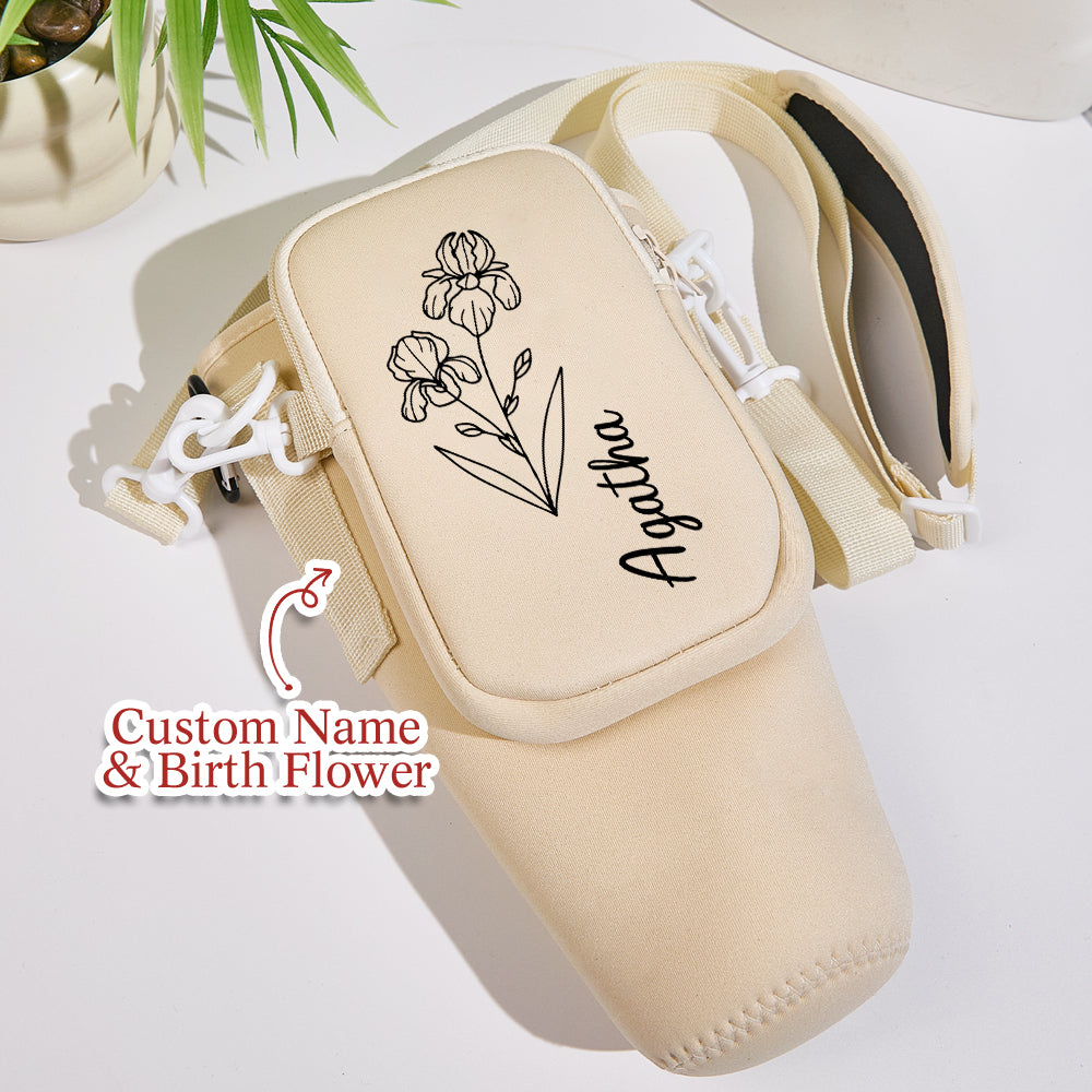 Personalized Birth Flower Waterproof Bottle Carrier Bag for 40oz Stanley Tumbler Gift for Her