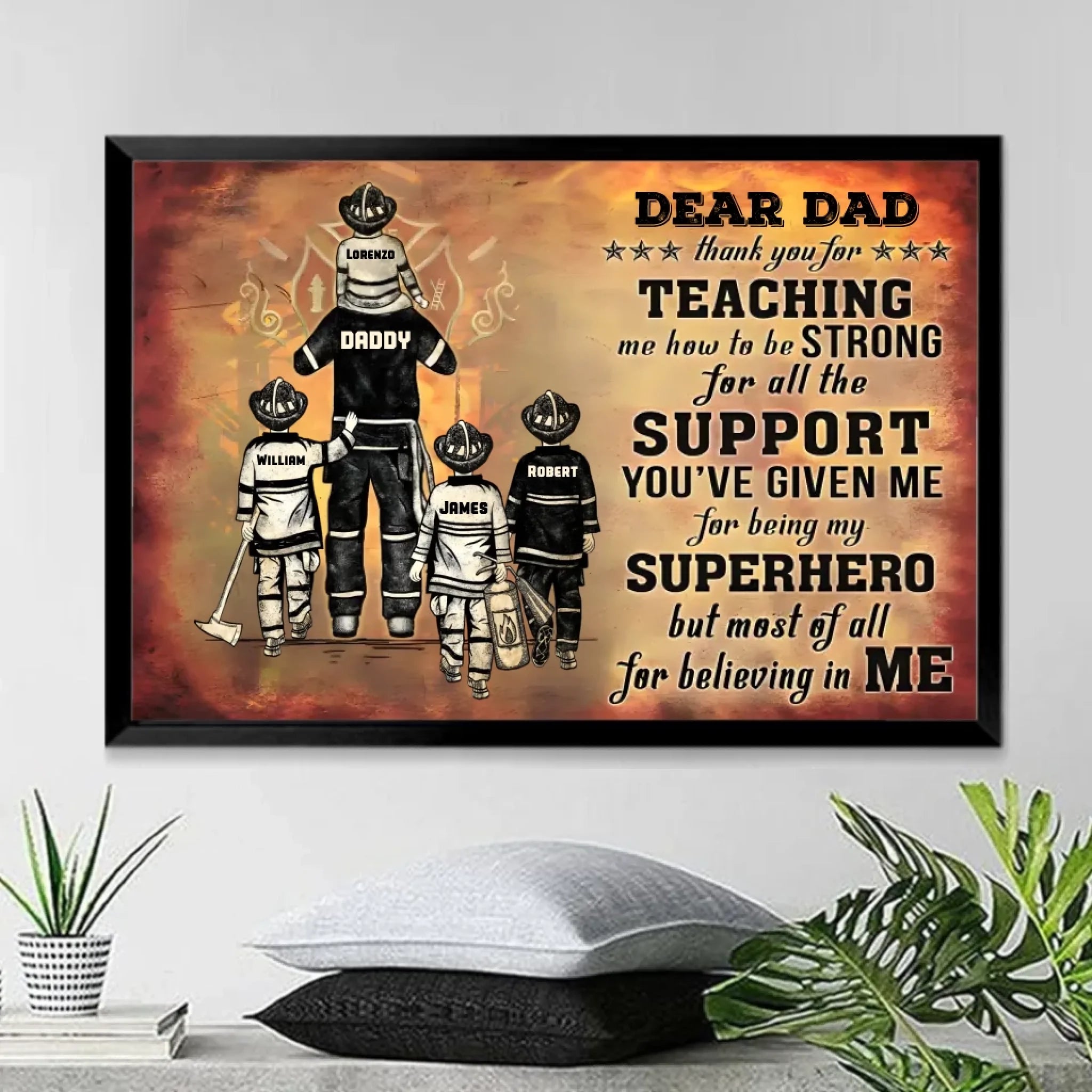 Firefighter Dad and Child Custom Canvas Personalized Thank You Art wall decor canvas unframed