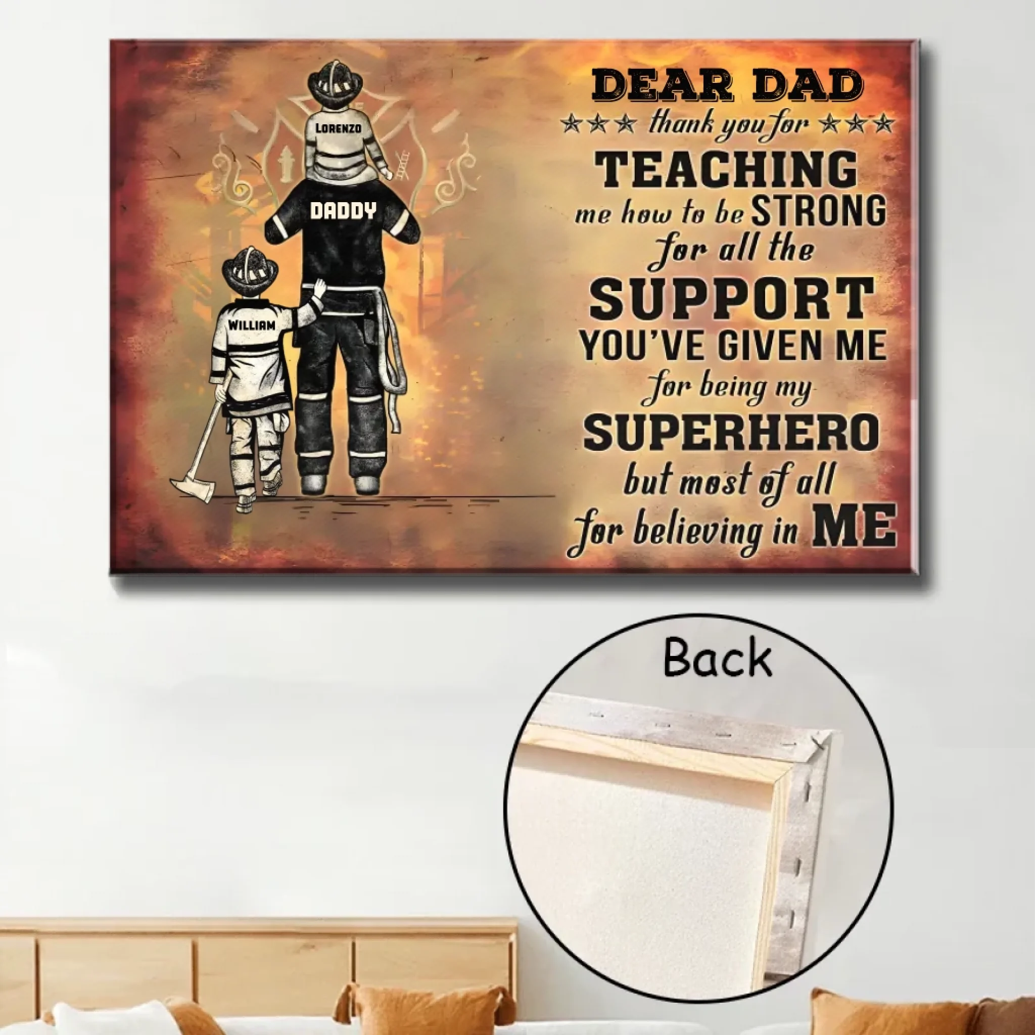 Firefighter Dad and Child Custom Canvas Personalized Thank You Art wall decor main image