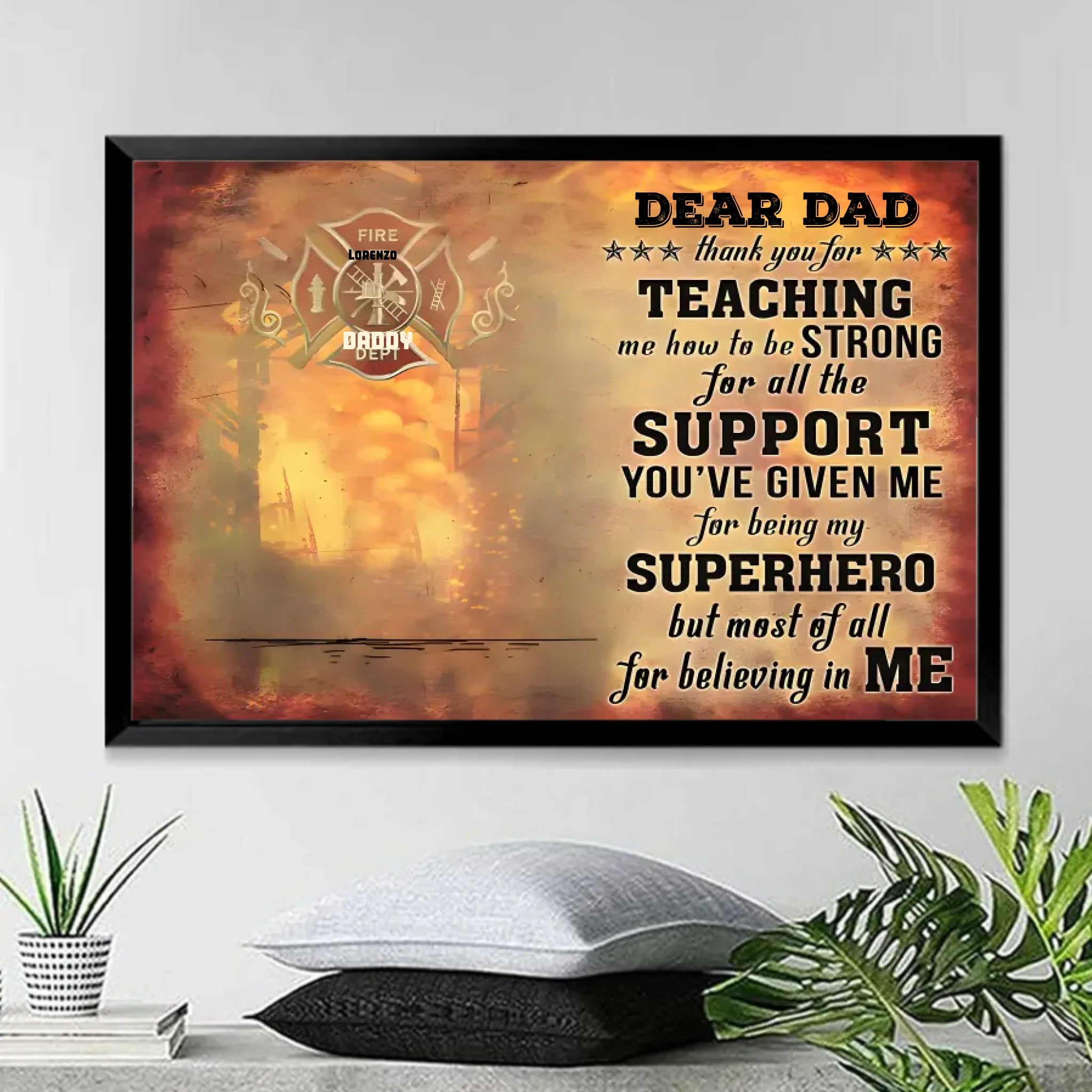 Firefighter Dad and Child Custom Canvas Personalized Thank You Art wall decor display photo